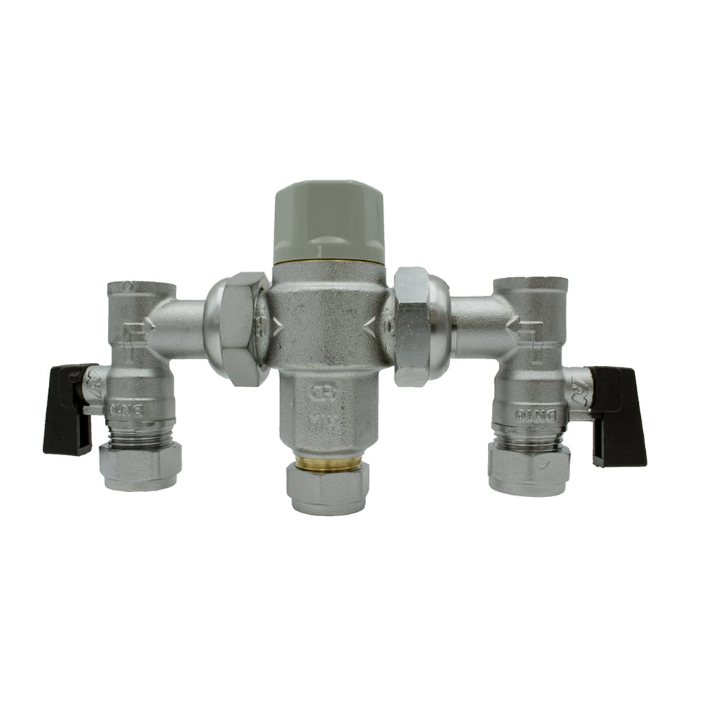 A 15mm Thermostatic Mixing Valve with MX valves, primarily silver in color with chrome plating on the body, stainless steel spring, and EPDM seals on White Background